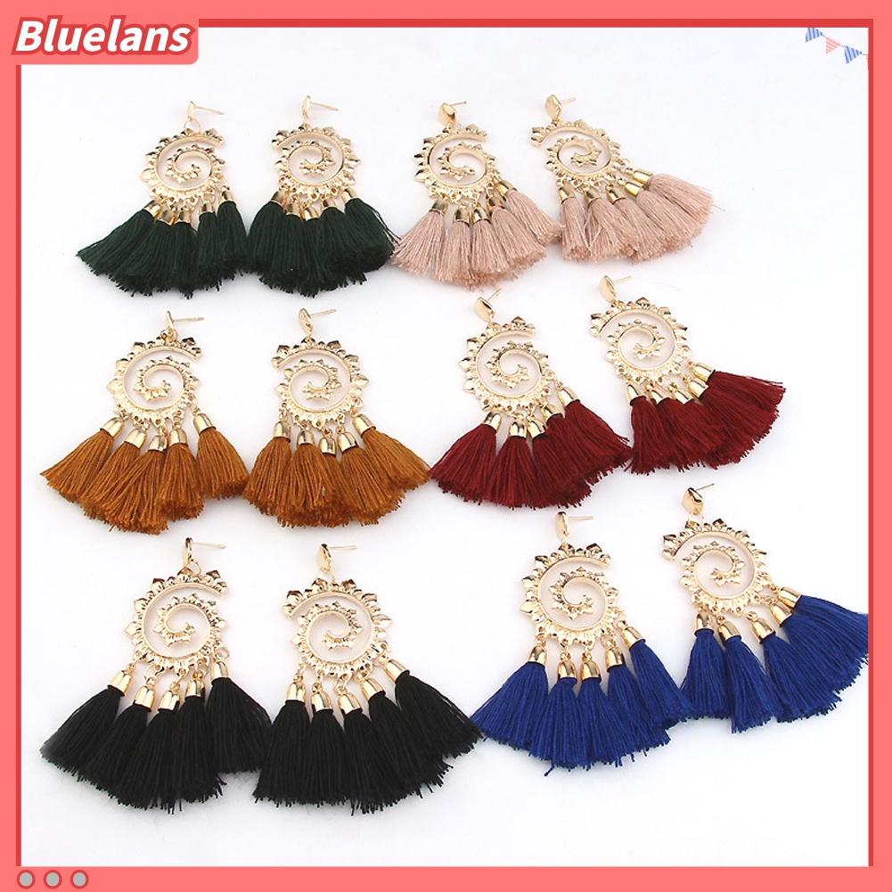 Anting Juntai Bentuk Spiral Aksen Rumbai Gaya Bohemian Untuk Wanita