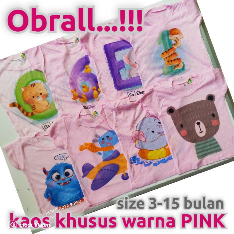 Kaos Oblong Harian Bayi Motif Karakter Khusus Warna PINK