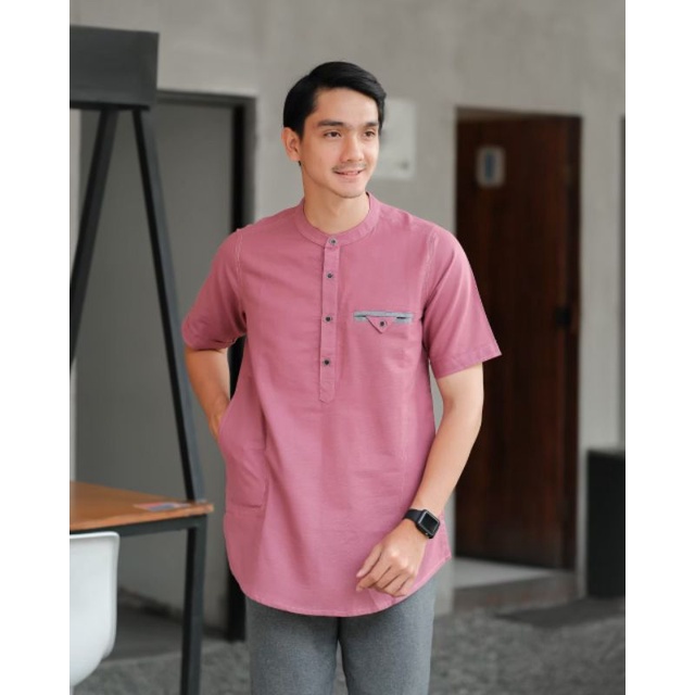 KEMKO PRIA LENGAN PENDEK BAJU KURTA PRIA BAJU MUSLIM MODERN PRIA WARNA PINK ABU TUA MUDA TAN NAVY M