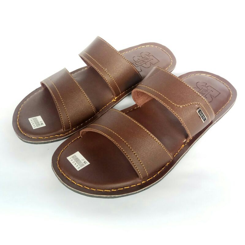 Sandal Pria Slop Kulit, Sendal Selop Pria, Sandal Slop Ban 2-Coklat Tua
