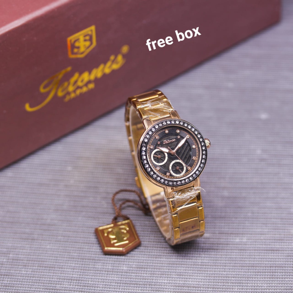 Jam Tangan Wanita Tetonis Original E91502V Tali Rantai Chrono Aktif Free Box Exclusive &amp; Baterai