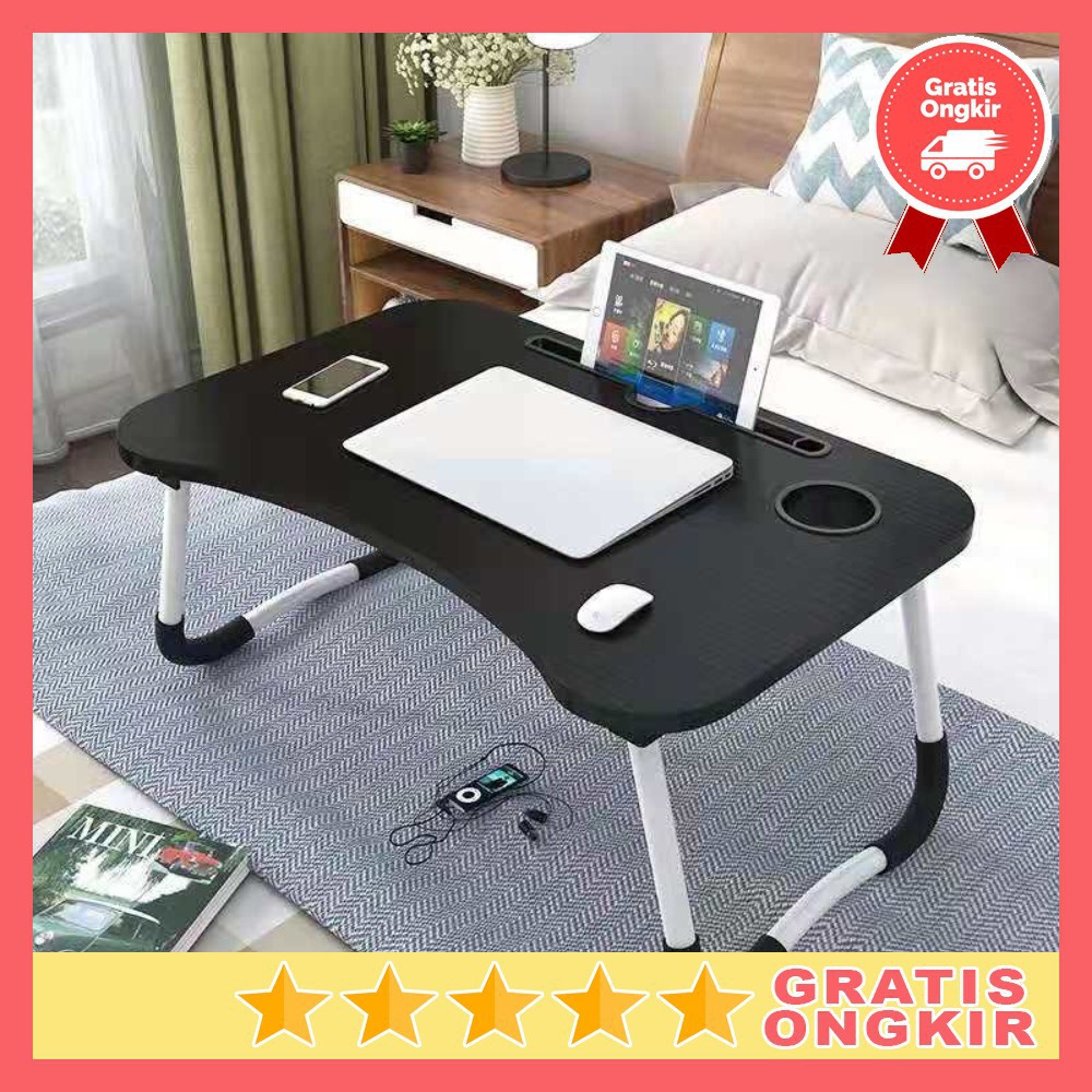 Grab Medan Meja Belajar Laptop Lipat Portable Desk + Tempat Botol Minum L62 NWDESK Wooden