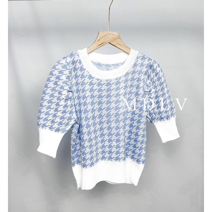 MDLV ~ 6392# Houndstooth Knit Cropped Top Atasan Rajut Motif Houndstooth Fashion Import