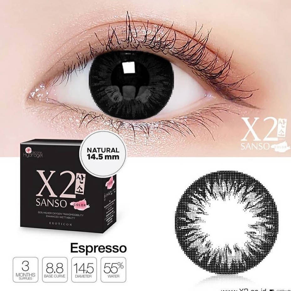 Softlens X2 Sanso BLACK MINUS MOCHA ESPRESSO EBONY DIA 14.50mm (-6.50 S/D -10.00) Lensa Kontak / BS