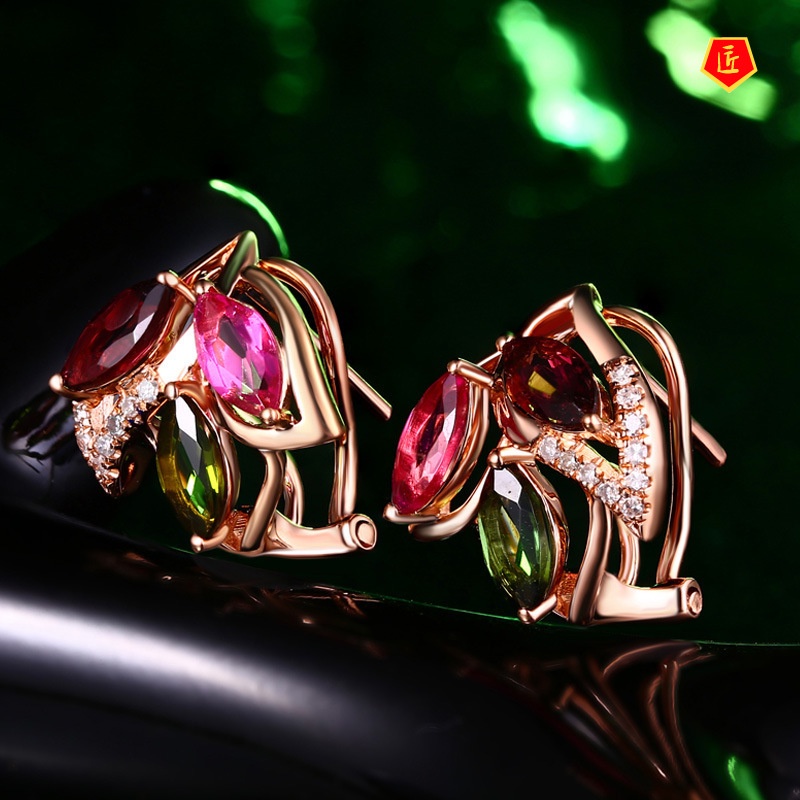 [Ready Stock]18K Rose Gold Colored Gems Ruby Petal Stud Earrings