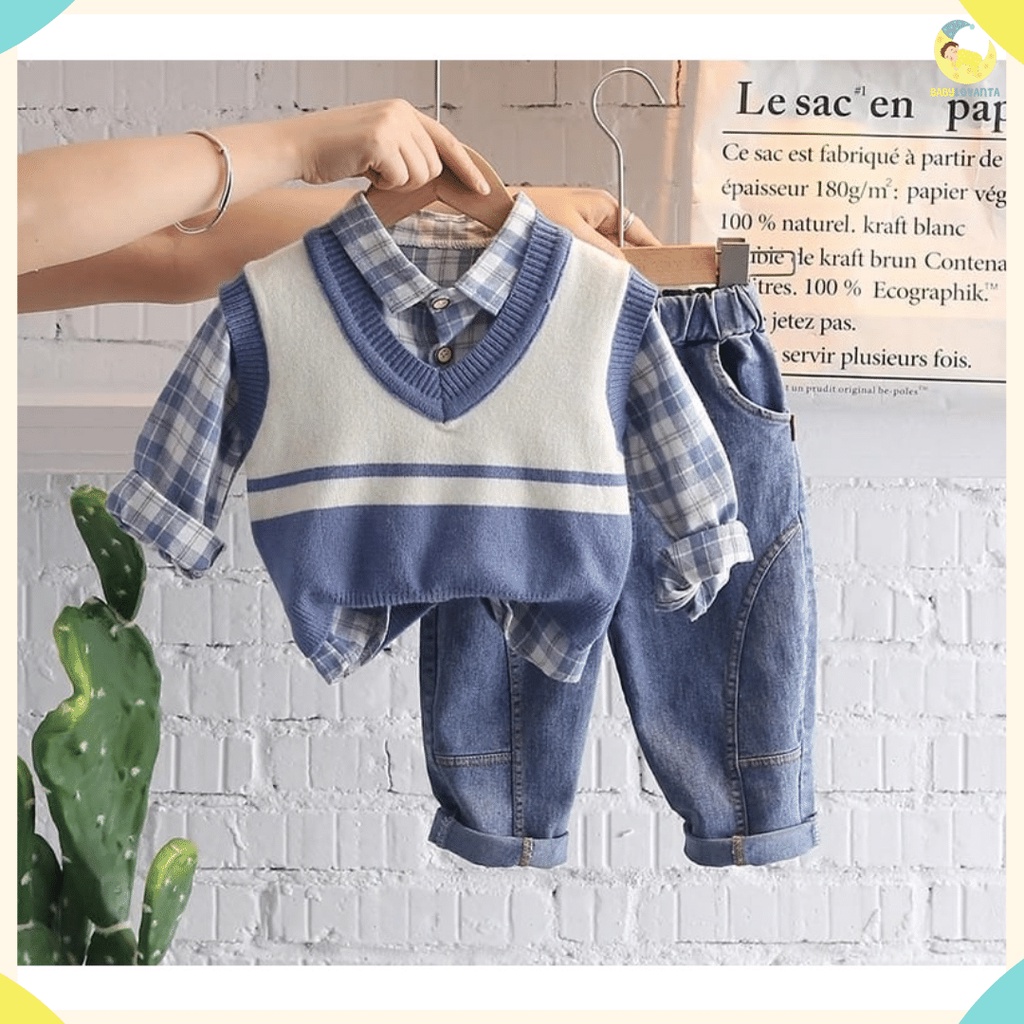 BABYLOVANTA - setelan rajut keren  / setelan babyboy 3in1 / setelan motif RAJUT BIRU