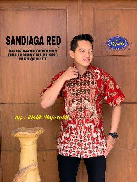 Batik Solo SANDIAGA RED Kemeja Pria Katun Halus Sragenan Full Furing