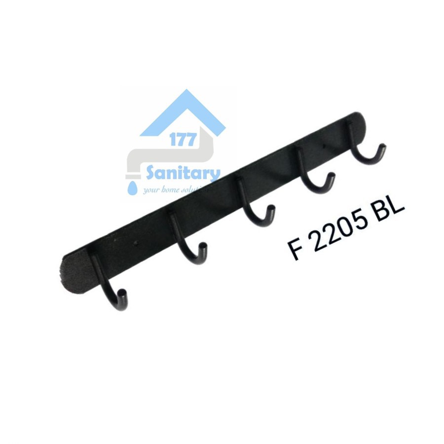 Gantungan Baju aluminium 5 Kait HITAM F2205 - Kapstok Hook 5kait fio hooks hanger kitchen black