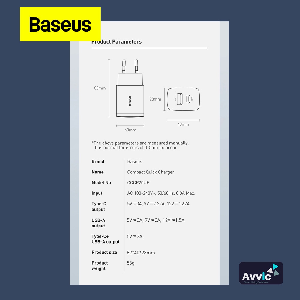 Baseus Kepala Charger Dual Port Type C + USB 20W Quick Charge QC PD Fast Charging