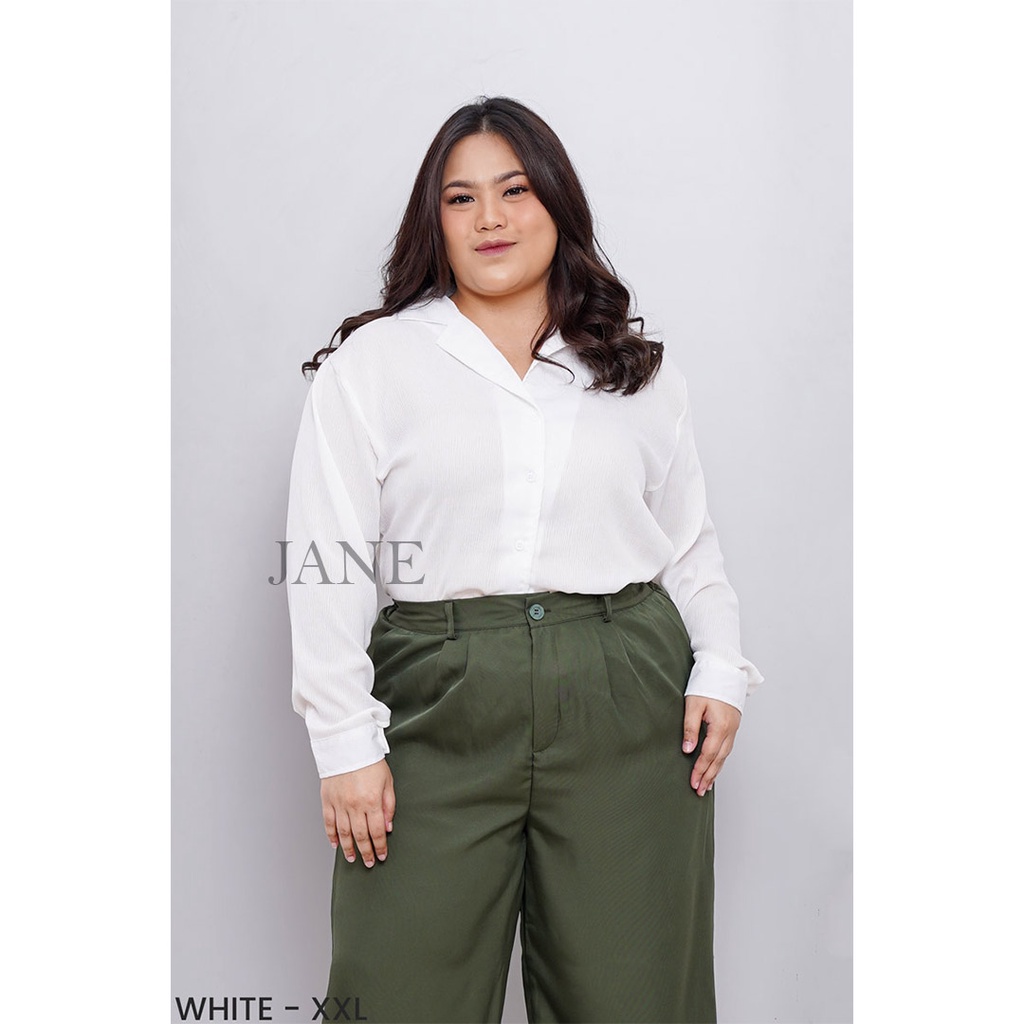 JANE COLLECTION || Atasan Wanita Hitam Kemeja Oversize Bigsize Kemeja Kerja Wanita Putih Kemeja Basic Polos Lengan Panjang Kancing Busui M L XL XXL Belle Crinkle Shirt