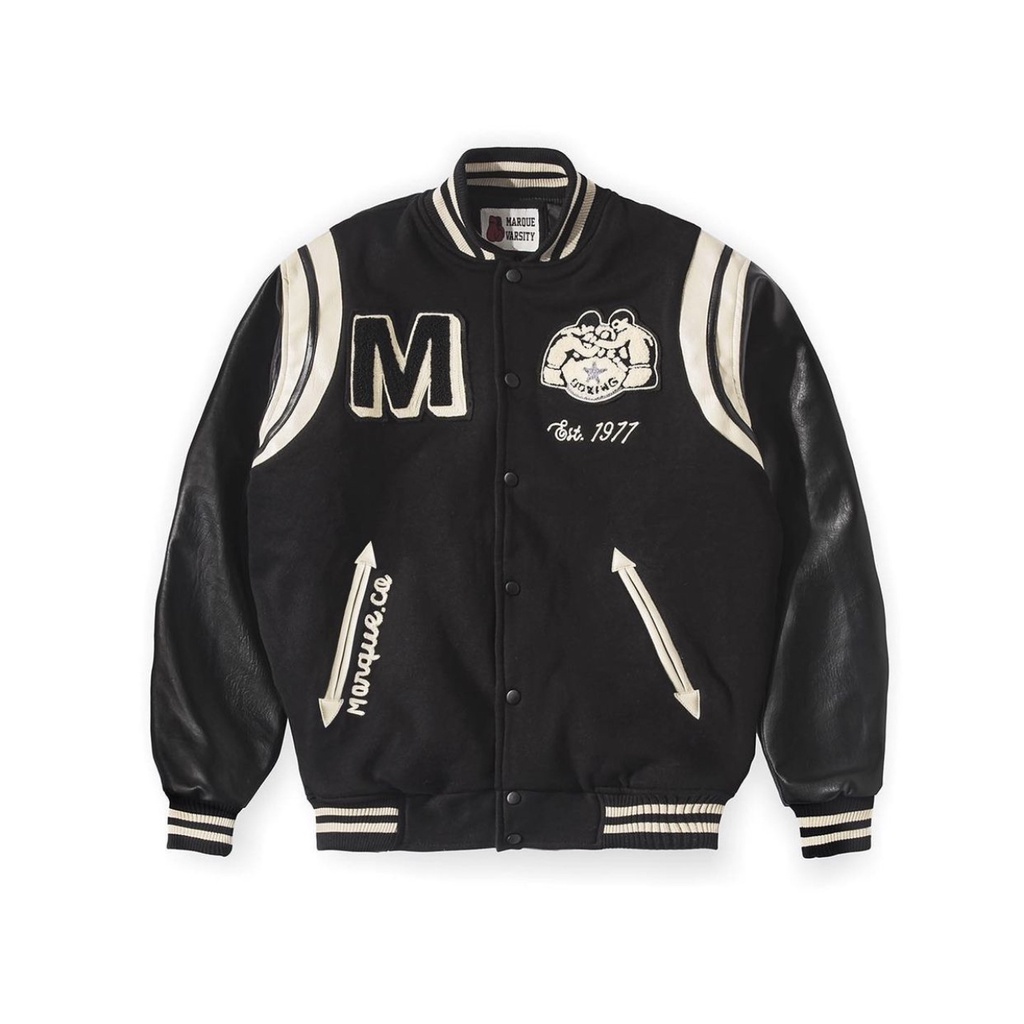 MARQUE.CO BOXING CLUB VARSITY JACKET, dengan Material Terbaik, Bordir Handuk Towel Embroidery, Leather, Warna Hitam, Untuk Pria &amp; Wanita