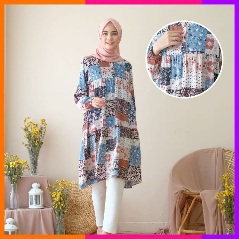 Tunik Dewasa Baju Atasan Muslimah Motif Raysha Baju Atasan Bahan Katun Rayon Premium BISA COD