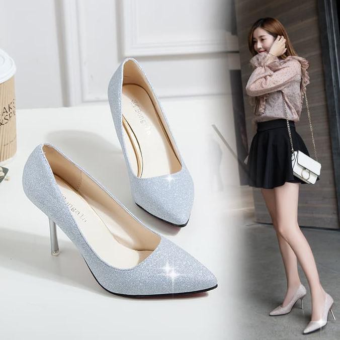 Dijual 2018 Brand Women Pumps 9cm High Heels Silver Glitter