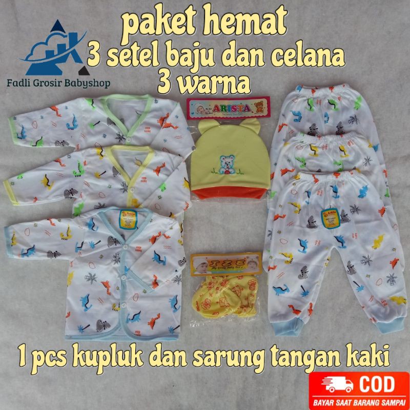 3 Setel Baju Celana Panjang Bayi Newborn Kupluk Sarung Tangan Dan Kaki Terlaris