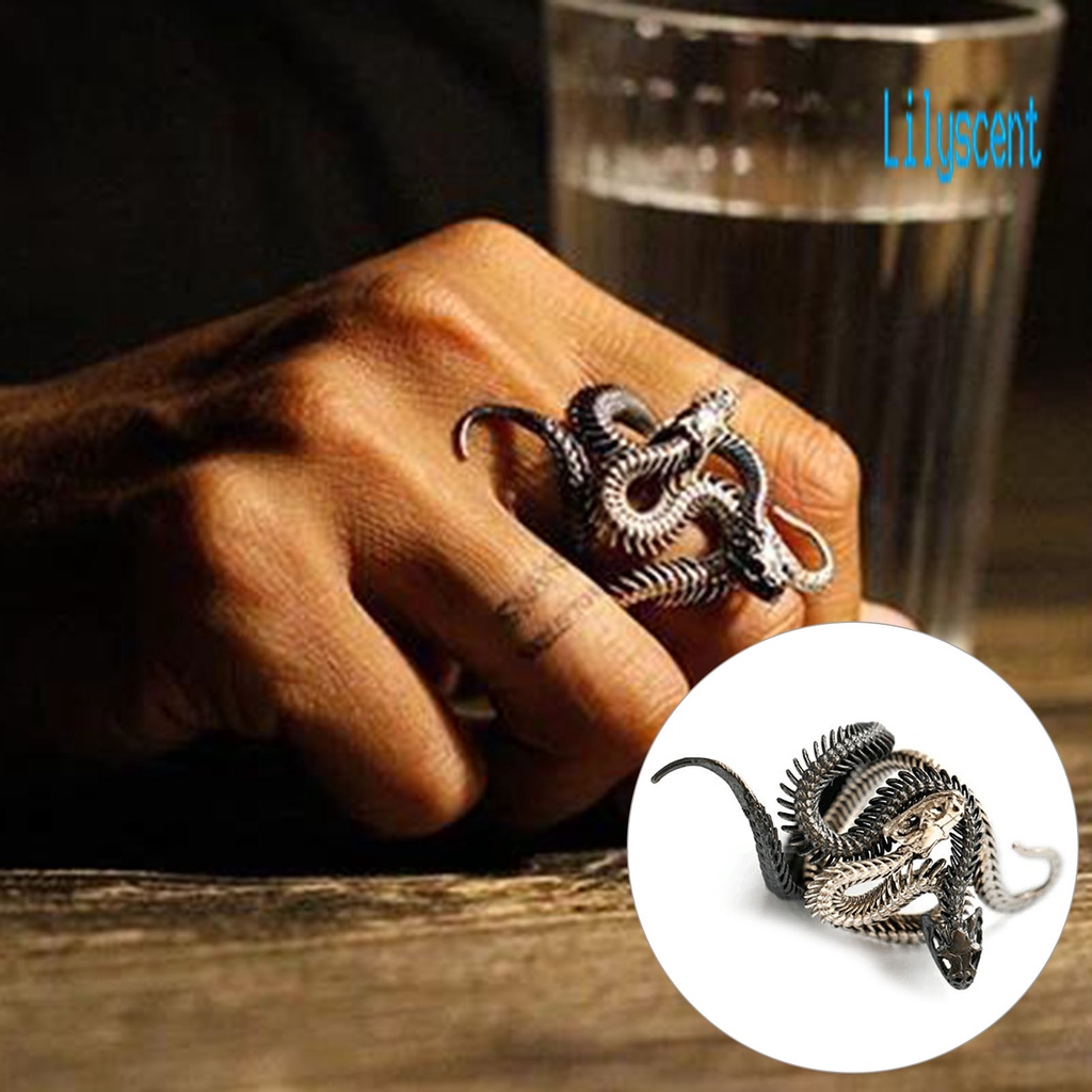 2pcs Cincin Bentuk Ular Bahan Tembaga Warna Bronze Gaya Punk Adjustable Untuk Pria