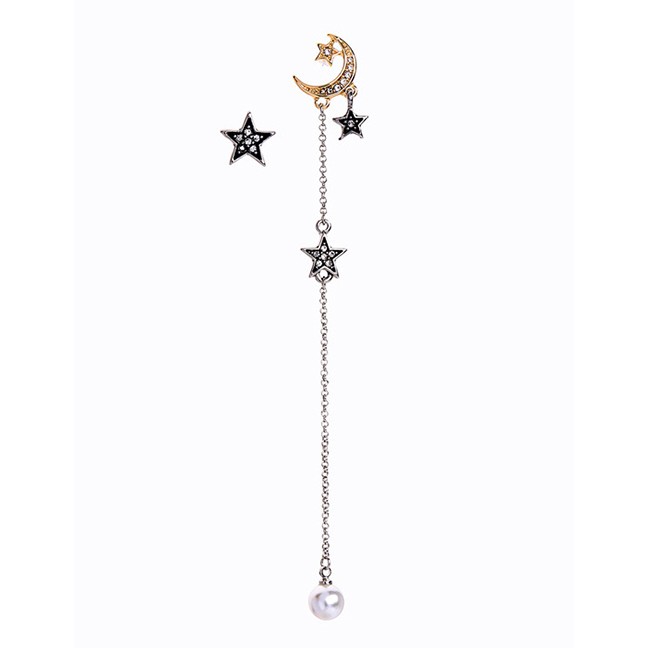 LRC Anting Tusuk Fashion Silver Extra Long Asymmetrical Star Moon Pearl Stud Earrings F55528