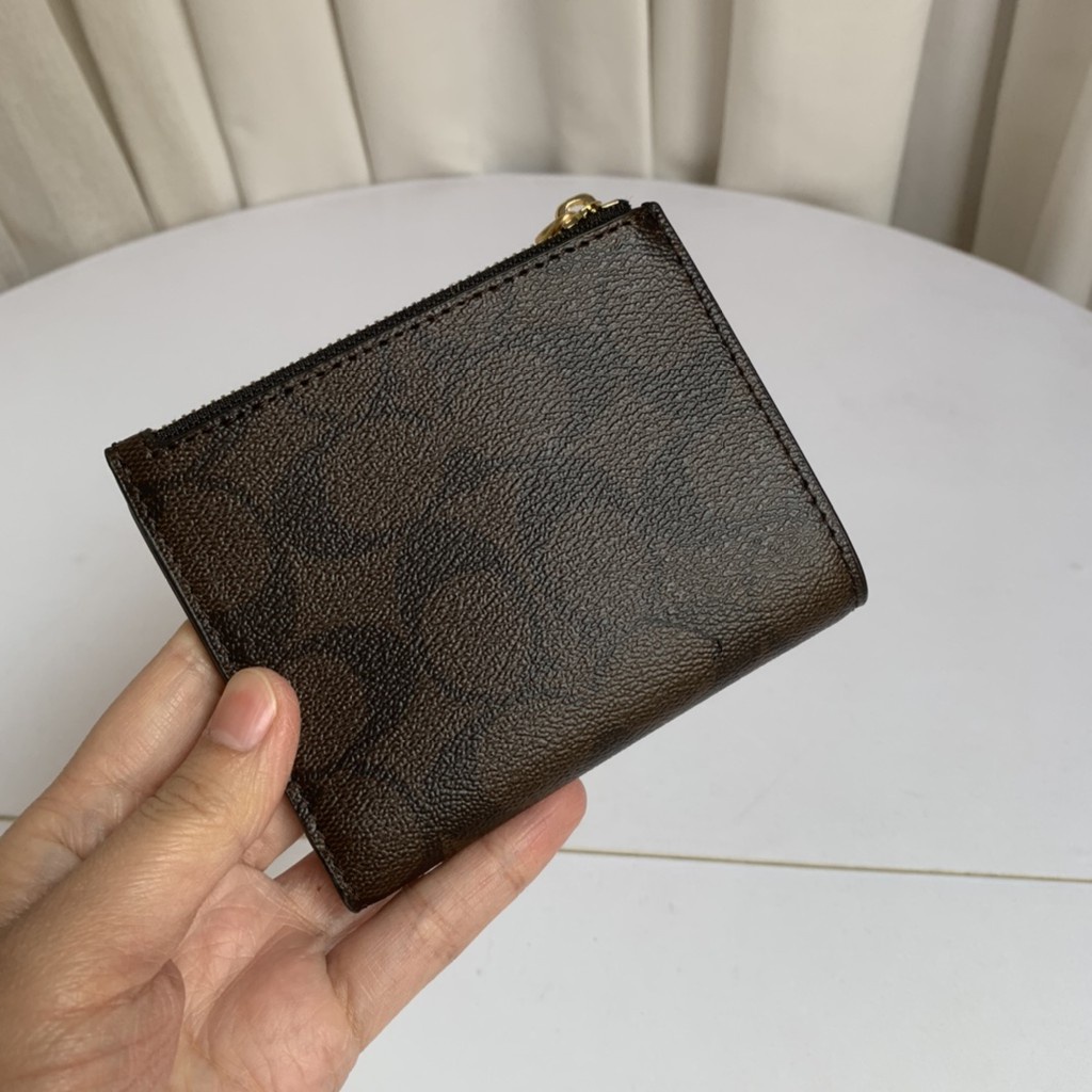 Dompet wanita women 78002 Signature Snap Card Case Wallet Khaki Brown Saddle Snap Small Wallet Card Ribbon