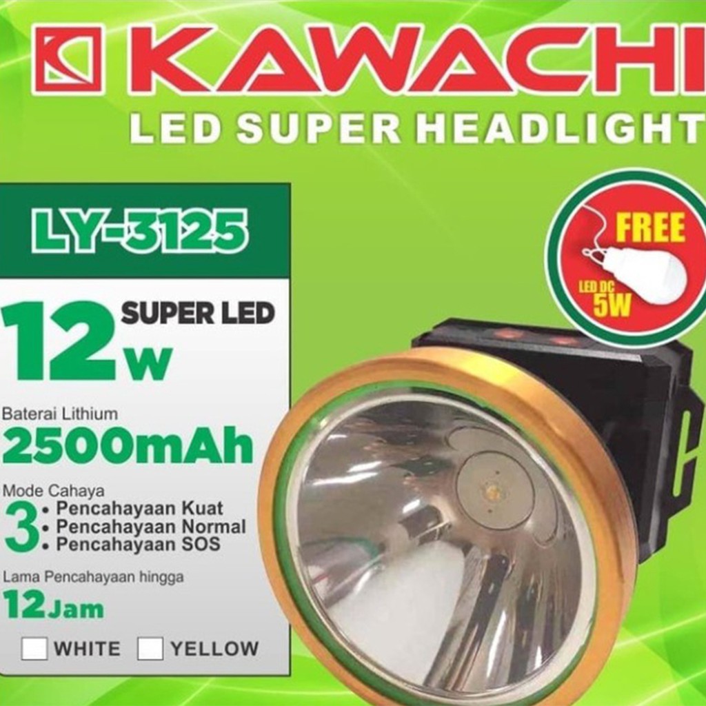 Senter Kepala Kawachi LY-3125 Headlamp Putih 12 Watt Gratis Bohlam