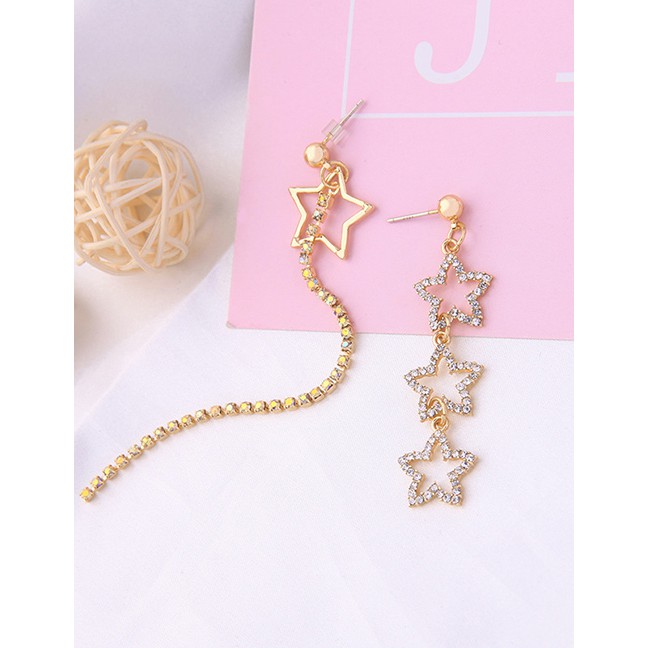 LRC Anting Tusuk Fashion Gold Crystal Diamond Openwork Star Asymmetric Earrings D03287