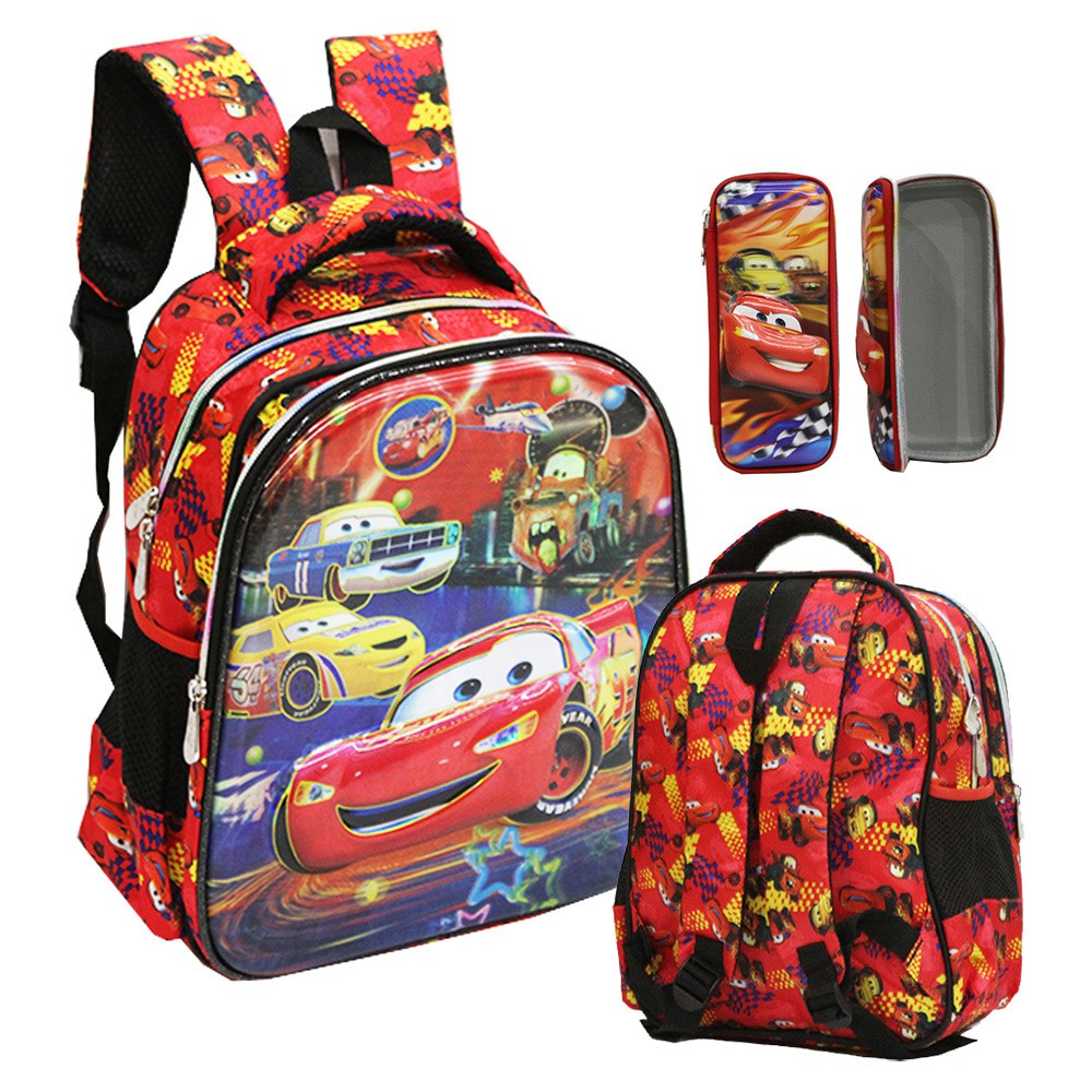 Tas Ransel TK Import Cars McQueen 5D Timbul Hologram Kotak Pensil-Red