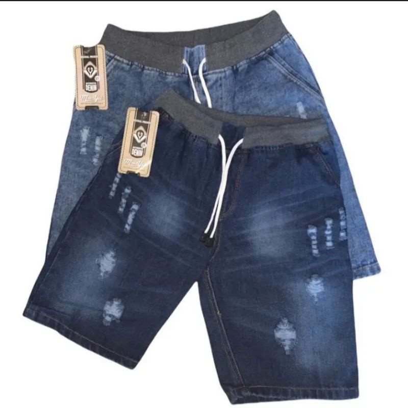 CELANA JEANS PENDEK SOBEK PRIA PINGGANG KARET BAHAN MELAR