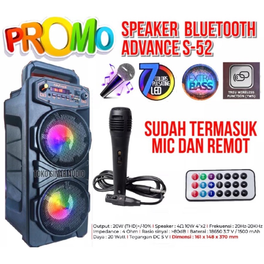 Promo Terbaru!!! Speaker Bluetooth Karaoke Portable Advance Dual 4 Inch S-52 Gratis MIC Dan Remot super bass