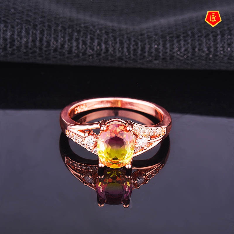 [Ready Stock]Women's 18K Rose Gold Inlaid Colored Crystal Ring