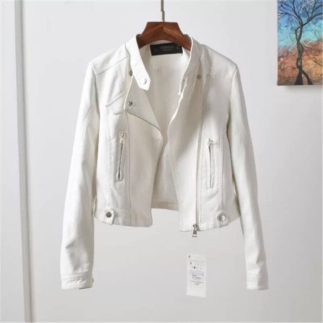 Jaket Kulit Wanita Crop Sintetis Korea Kulit Sintetis Putih Jaket Perempuan