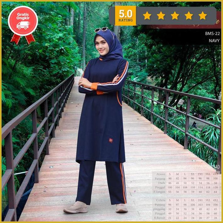 Baju Olahraga Sporty Muslimah Believe Bms 22 Navy/Peach/Lemon - Navy, S Premium