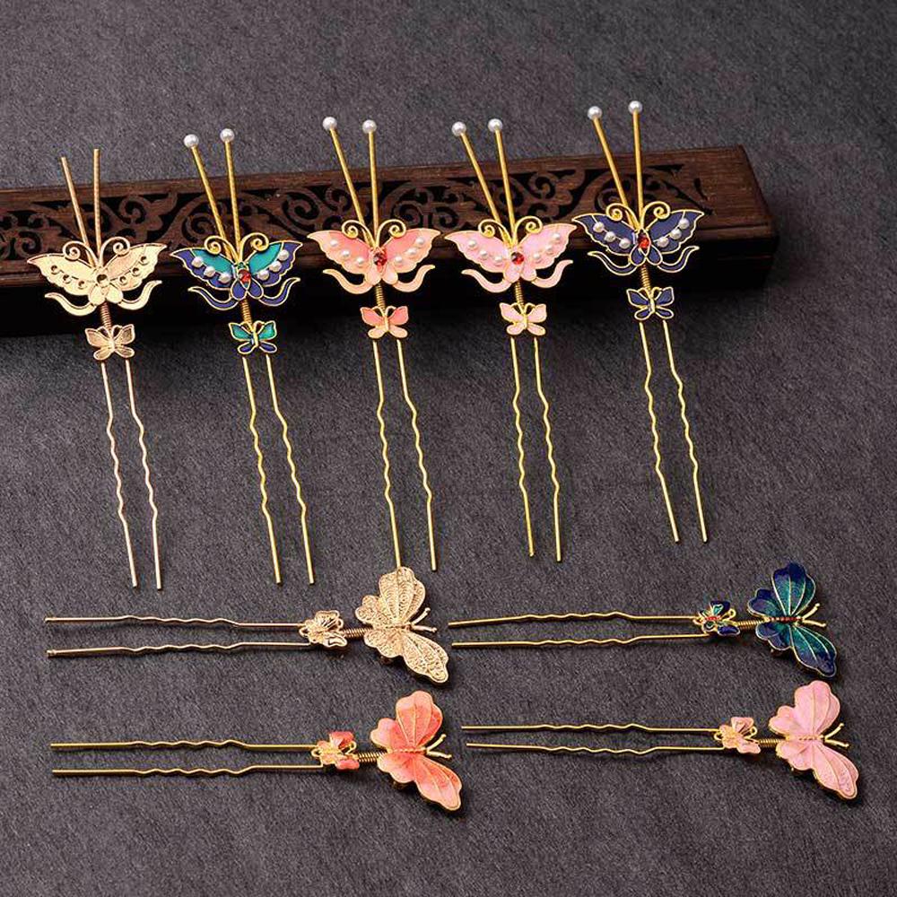 NEEDWAY Butterfly Hair Stick Hanfu Vintage Butterfly Logam Cina Untuk Wanita Pin Rambut Tetes Minyak