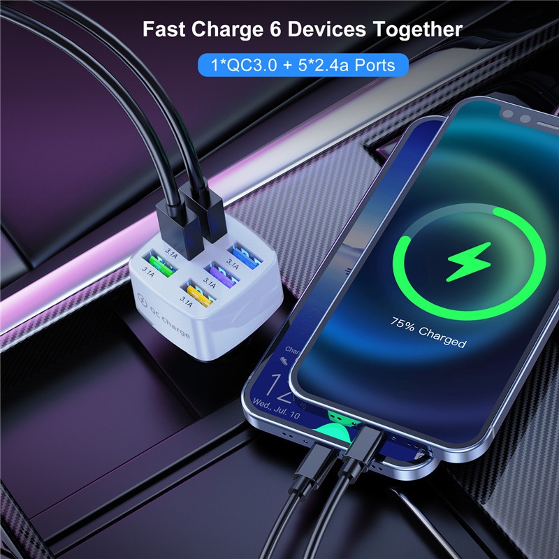 Adaptor Charger Mobil 6 Port Usb 75w 15a Fast Charging Untuk Iphone 14 13 Pro Android