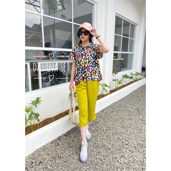 setelan celana 7/8 /dayana set/setelan atas motif bawah polos/COD-1