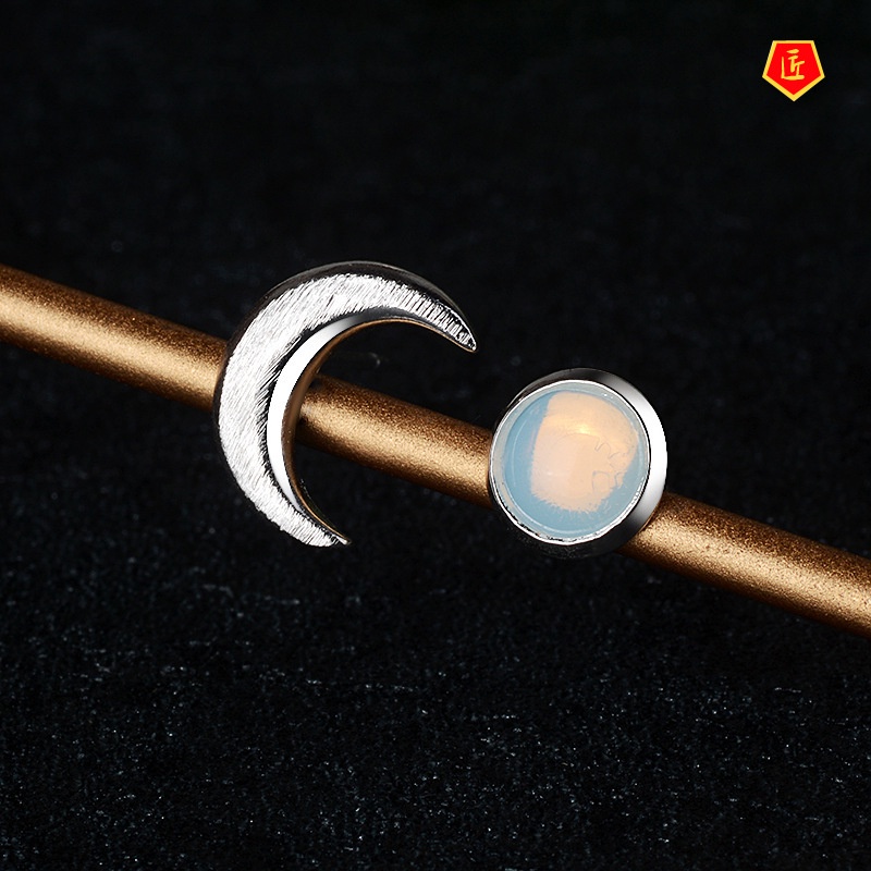 [Ready Stock]Asymmetric Moonstone Sun and Moon Stud Earrings