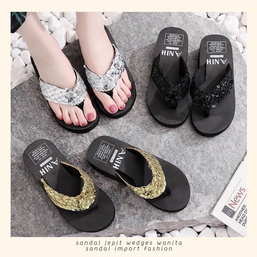 CUCI GUDANG TOPGROSIR TG1527 Sandal Jepit Gliter/Sequin Wedges Import Sandal Wanita