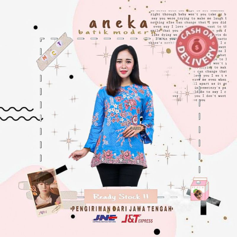 ATASAN BAJU BATIK BLOUSE CEWEK PREMIUM UNGGUL JAYA WARNA BIRU MUDA BATIK SARIMBIT KERJA KONDANGAN