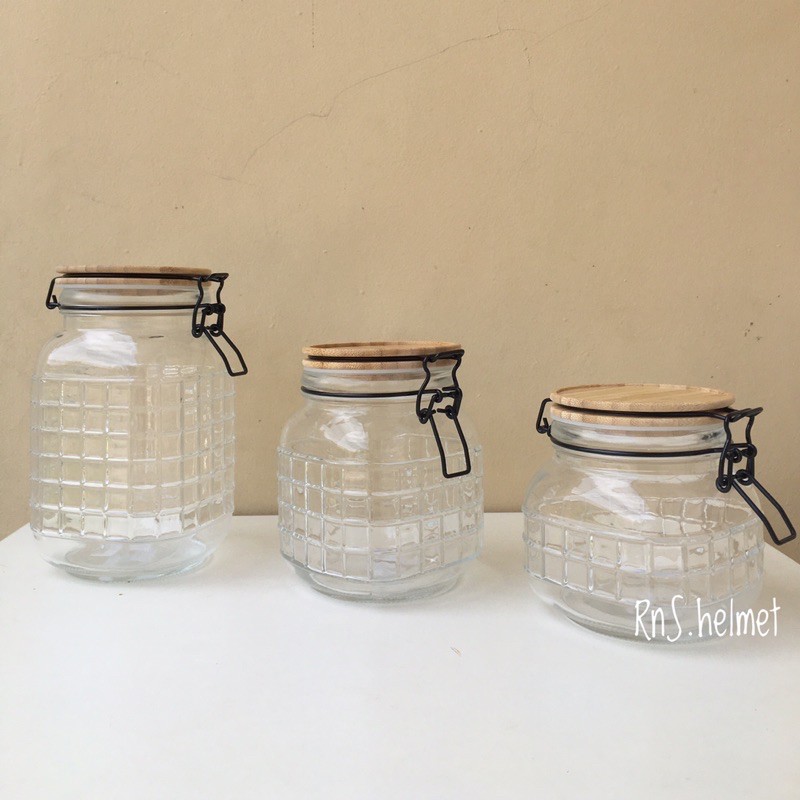 Jual Toples kaca kunci tutup kayu/toples hermetico tutup kayu/Toples