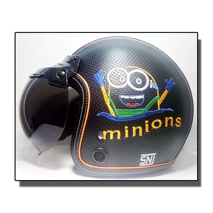 Helm Bogo Kulit Motif Minions Bordir Hitam