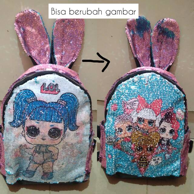 Tas lol sequin berubah gambar / tas sequin anak / tas ransel sequin import