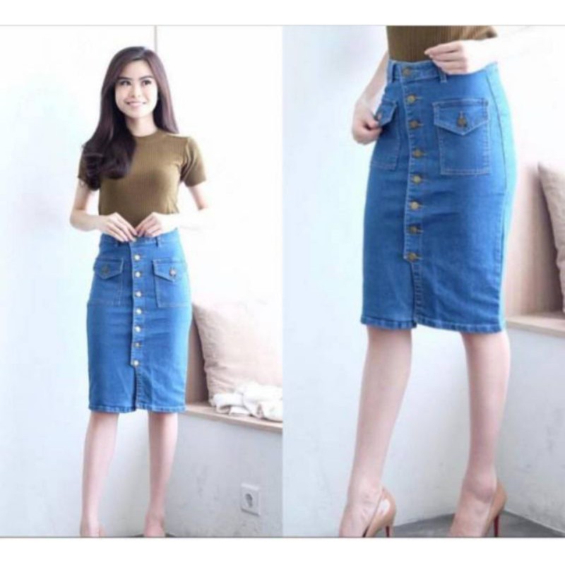 Rok Jeans R0830 Rok Jeans Pendek Denim Skirt Stretch Kancing Kantong Depan Import Murah Best Seller