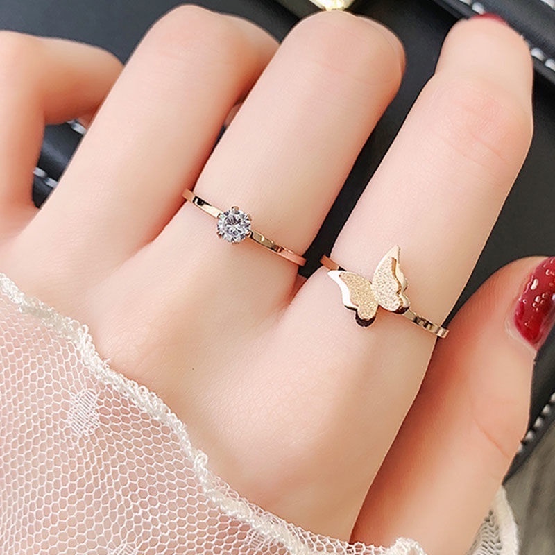 Cincin Titanium Wanita Anti Karat Asli Premium Kupu-kupu Berlian Korea Aksesoris Wanita