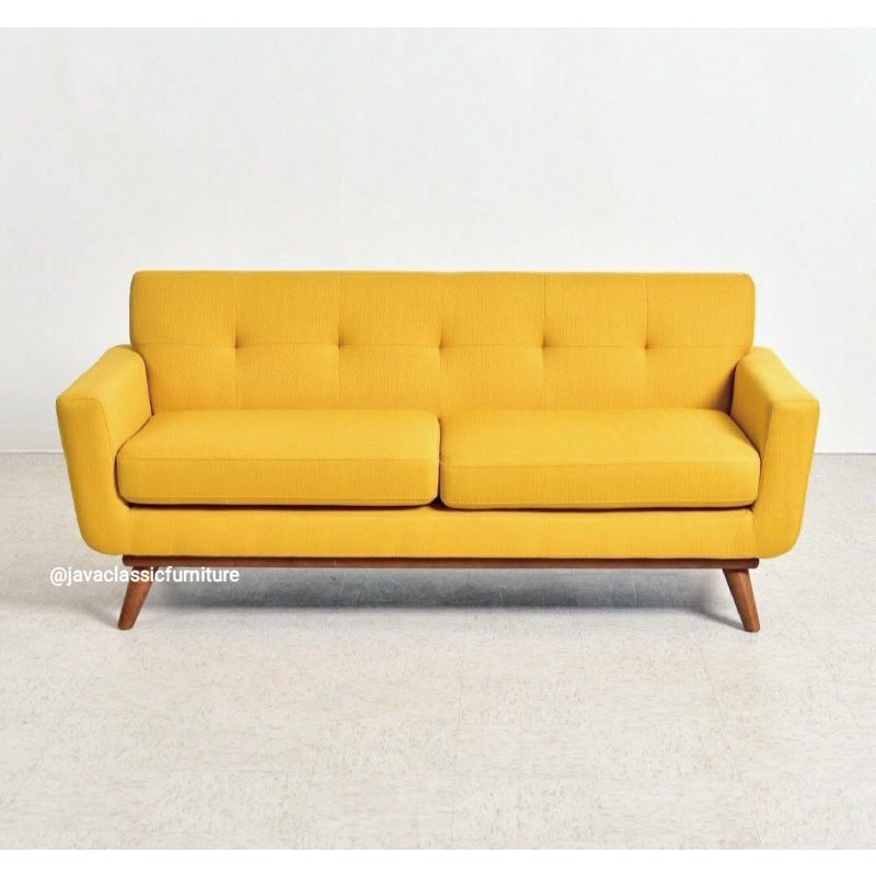 SOFA TV RETRO MINIMALIS SCANDINAVIA 2 SEATER KURSI SOFA BED RUANG TAMU KELUARGA VINTAGE DUDUKAN BUSA KAIN BLUDRU RANGKA JATI