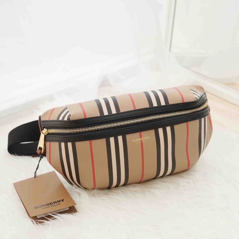 Burberry Icon Stripe E-Canvas Sonny Belt Bag in Archive Beige