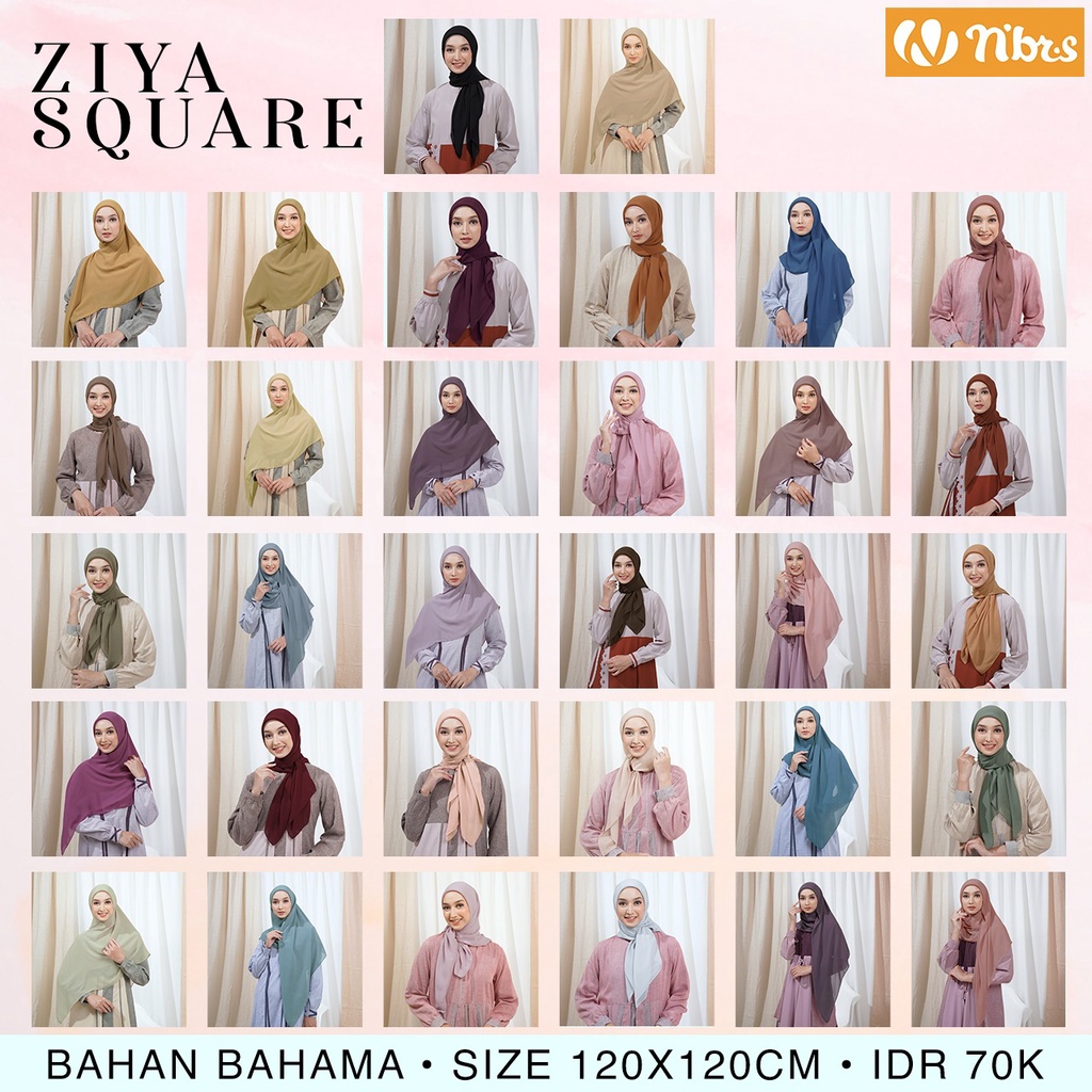 Nibras Hijab ZIYA SQUARE Bahan Bahama Kerudung Segi Empat Polos Syar'i Muslim OOTD