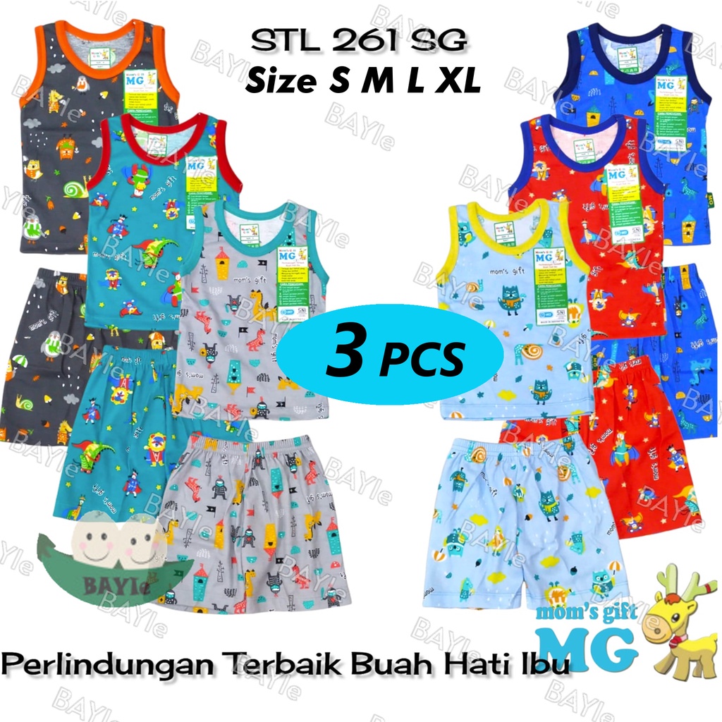 BAYIe - 3 SET Setelan Singlet/Kutung Anak/Bayi FULL PRINT Motif ANIMAL MOM'S GIFT SNI Bahan 100% Katun PREMIUM Tebal Size S - XL