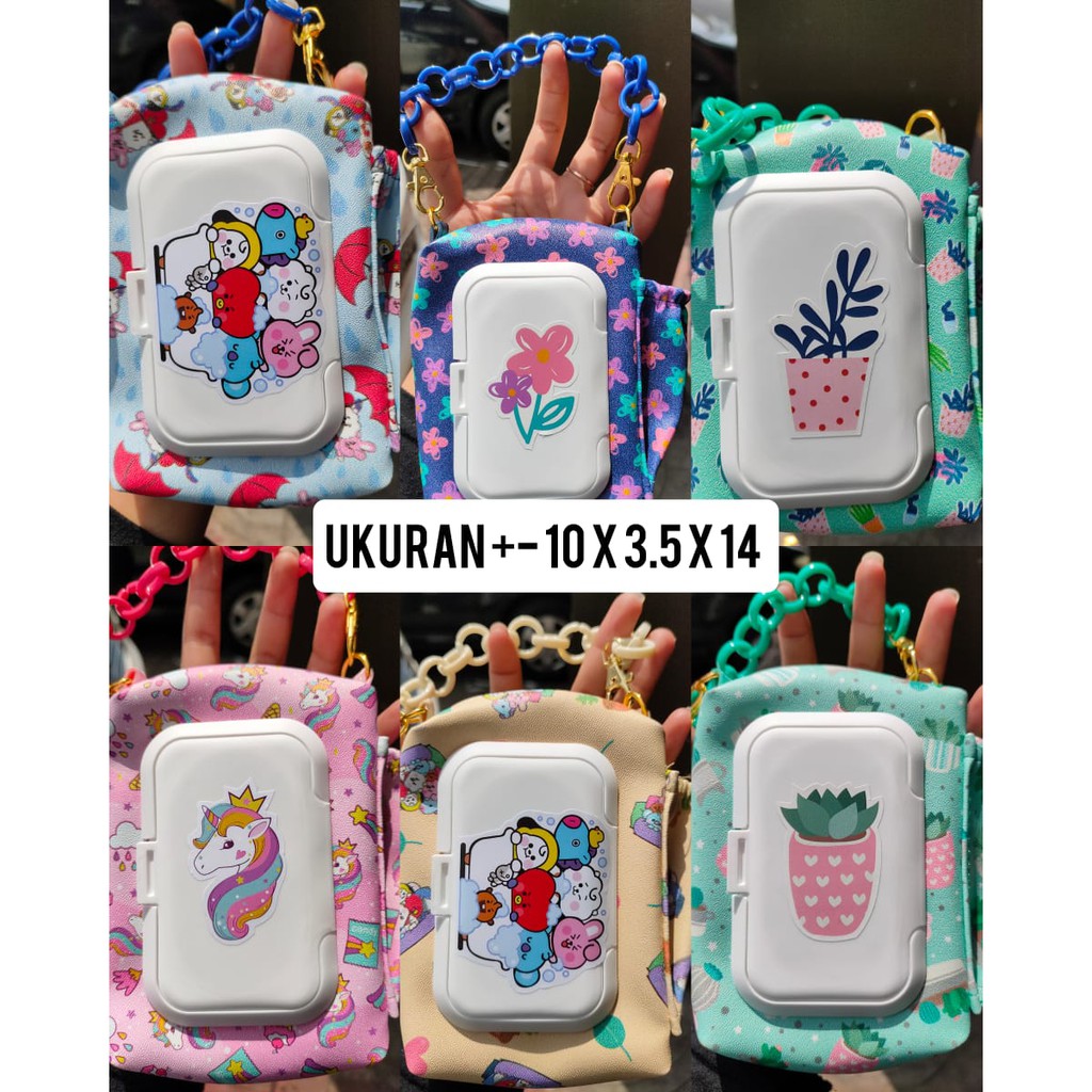 

pouch 3 in 1 hand sanitizer plus tissue kering basah kecil rantai warna