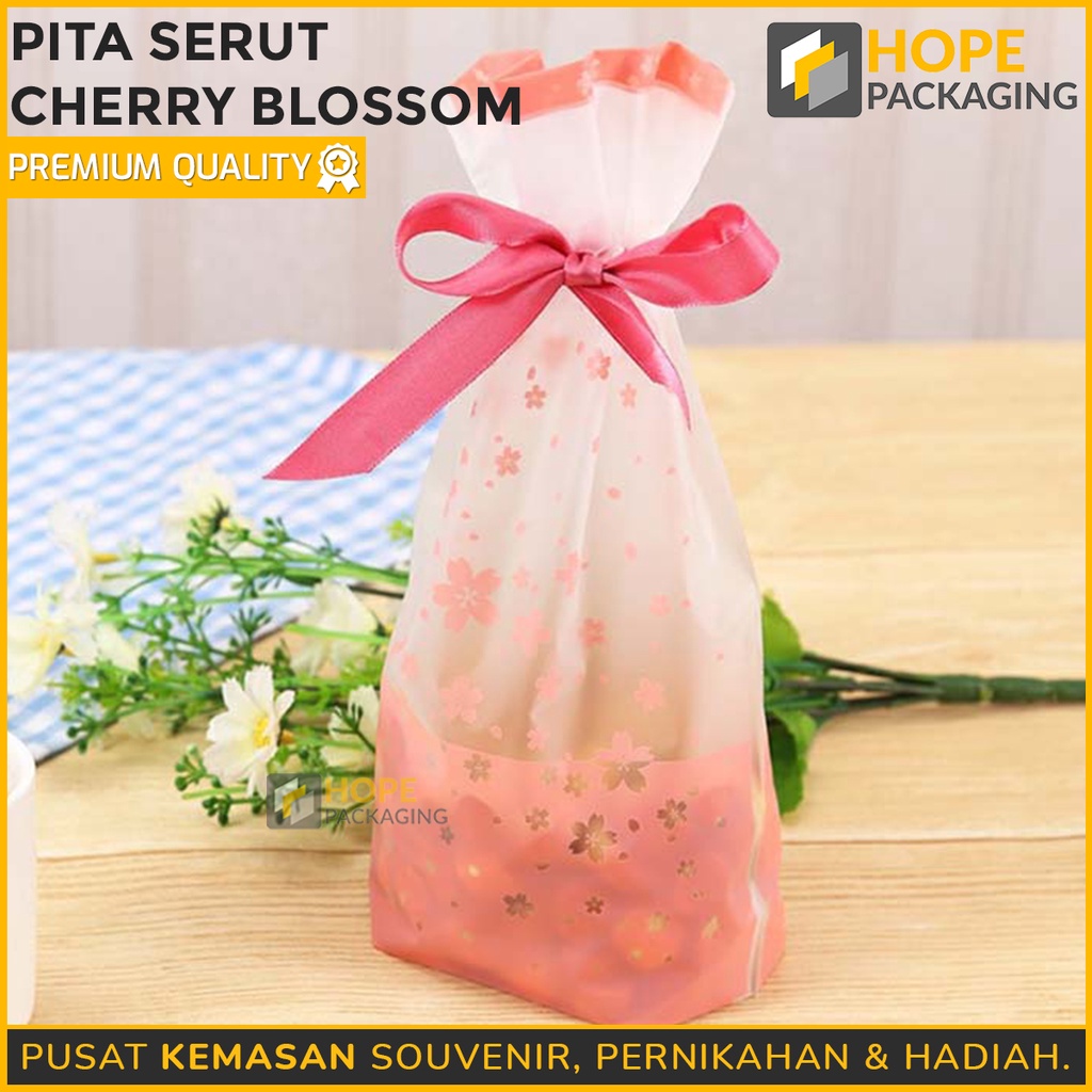 

[Harga / 5 Pcs] Kemasan Plastik Pita Serut Cherry Blossom / Plastik Souvenir Ultah / Kantong Snack Ultah / Plastik Pita / Plastik Hadiah