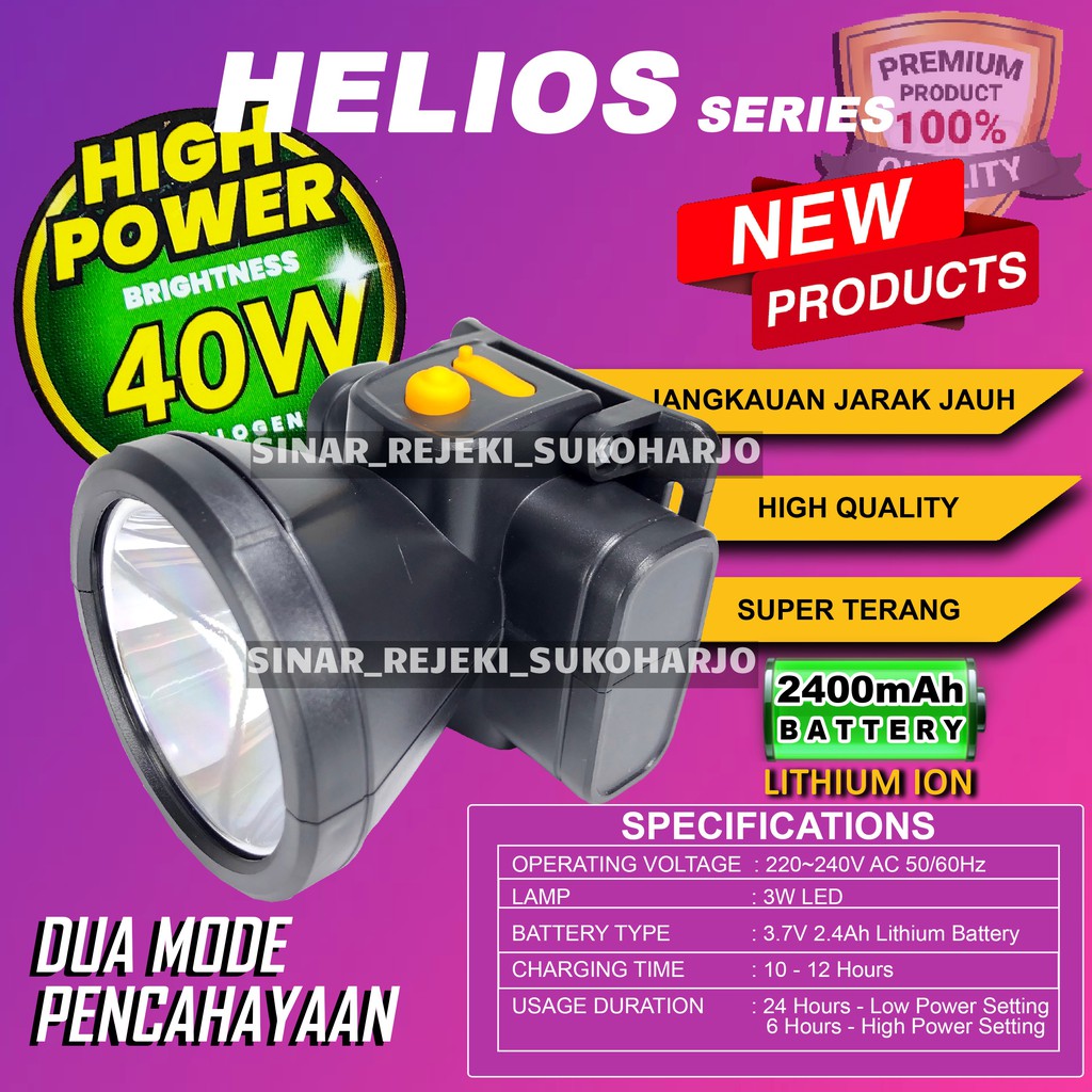 Meval Senter Cas Kepala Lithium Sorot Jarak Jauh HeadLamp Helios 40 Watt 20 Watt Head Lamp Charge Baterai Isi Ulang