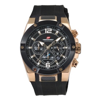 Chronoforce CF5231G Chronograph Black Dial Rosegold Case Bonus Silicone Strap - Jam Tangan Pria