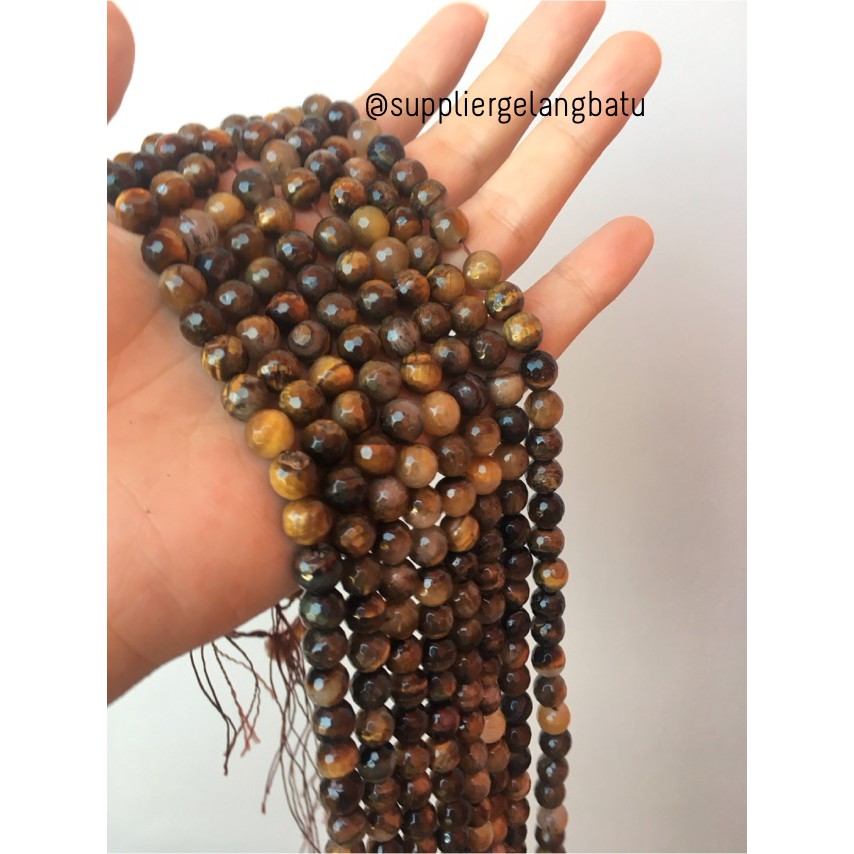 brown tiger eyes FACETED BEADS 8mm cutting batu biduri sepah coklat aksesoris fashion gelang kalung