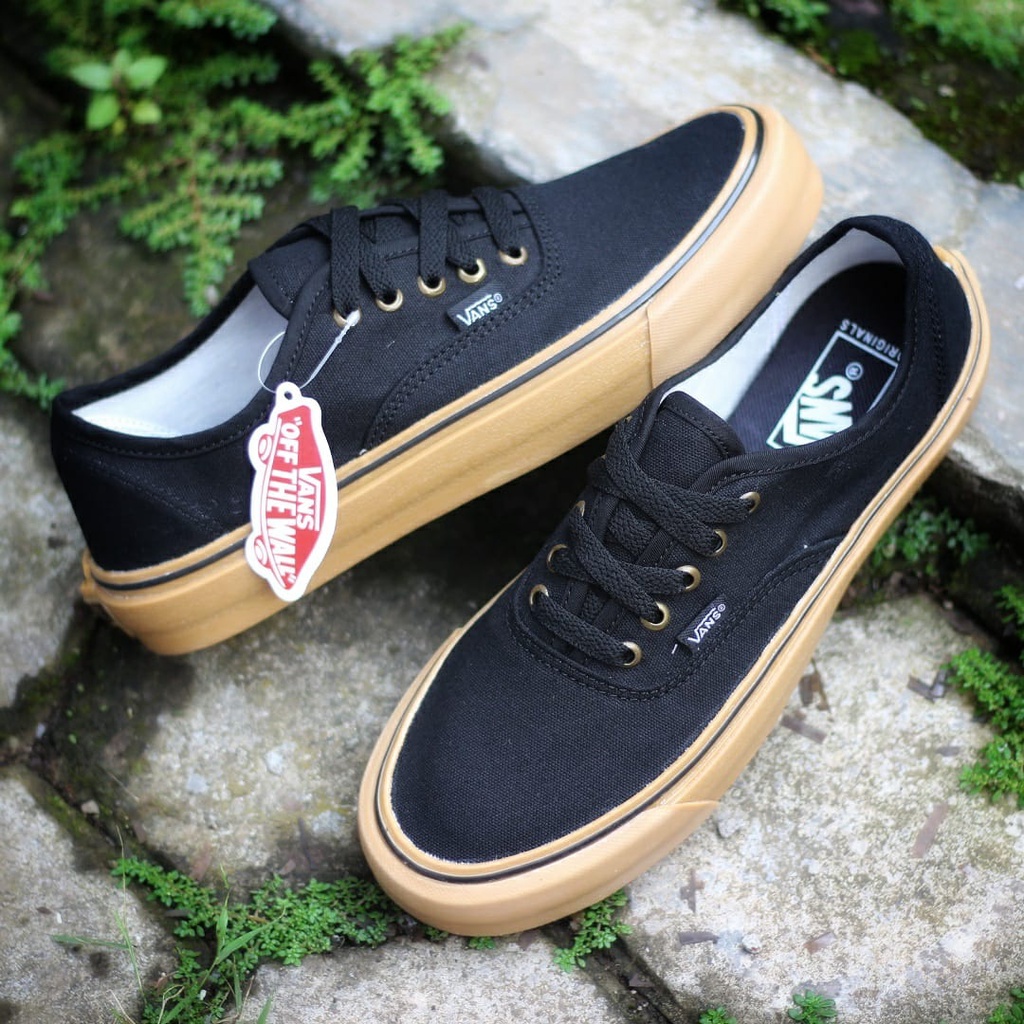 PROMO Sepatu Sneakers Vans Authentic Black Rubber Gum Premium, Upper Kanvas, Metal Eyelet, Waffle DT Anti Slip, Tag Made in China